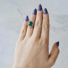 18K White Gold Oval Cabochon Colombian Emerald and Diamond Halo Ring