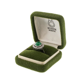18K White Gold Oval Cabochon Colombian Emerald and Diamond Halo Ring