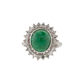 18K White Gold Oval Cabochon Colombian Emerald and Diamond Halo Ring