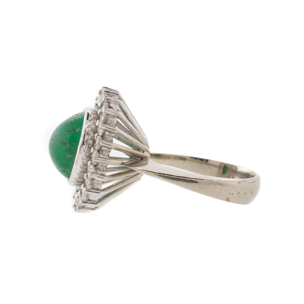 18K White Gold Oval Cabochon Colombian Emerald and Diamond Halo Ring