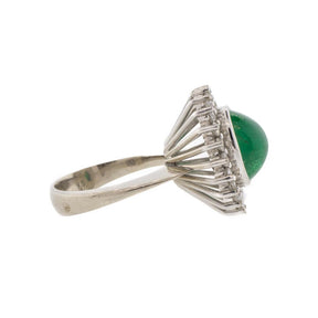 18K White Gold Oval Cabochon Colombian Emerald and Diamond Halo Ring