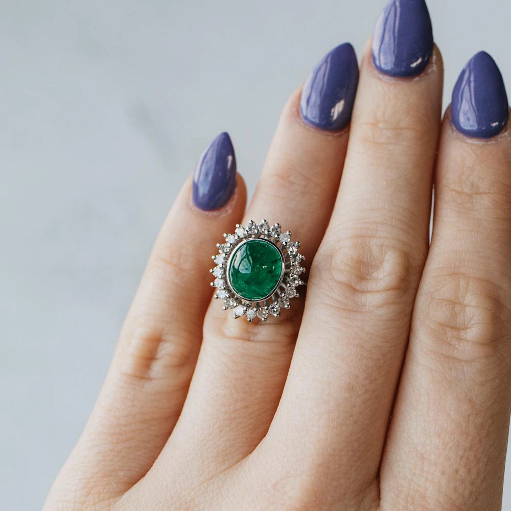 18K White Gold Oval Cabochon Colombian Emerald and Diamond Halo Ring