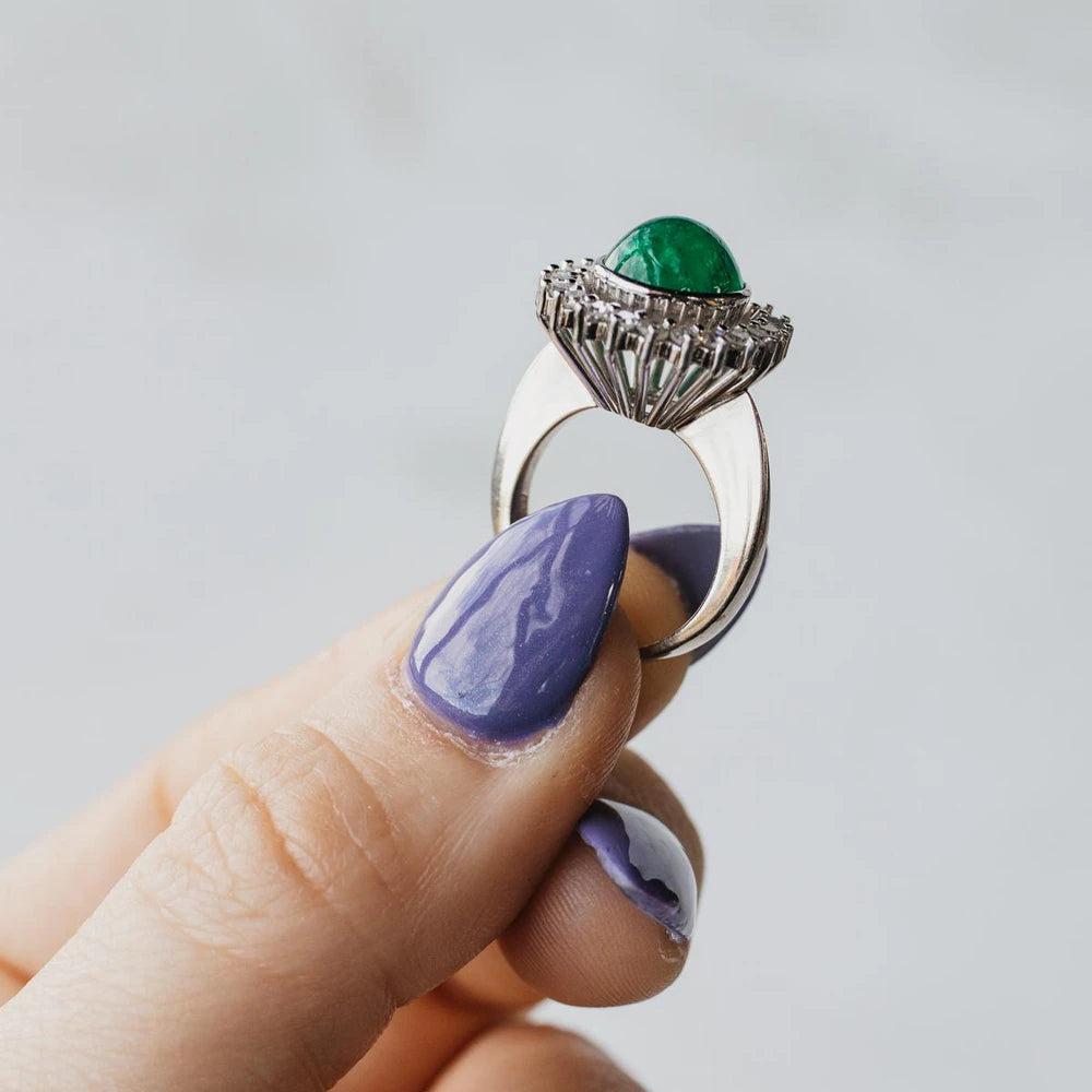 18K White Gold Oval Cabochon Colombian Emerald and Diamond Halo Ring