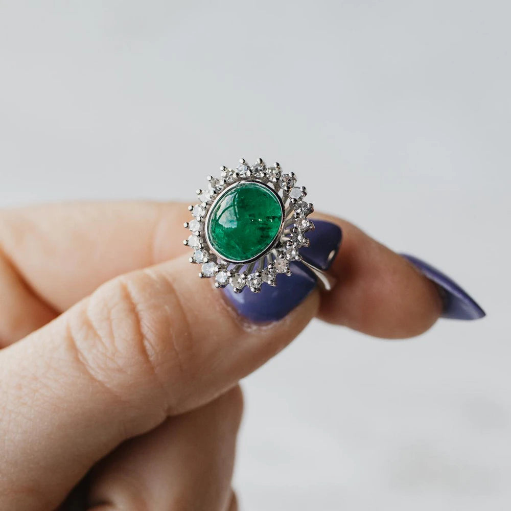 18K White Gold Oval Cabochon Colombian Emerald and Diamond Halo Ring