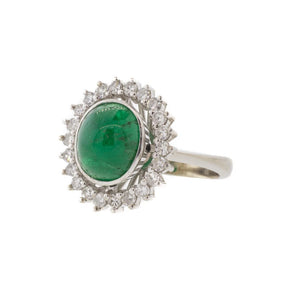 18K White Gold Oval Cabochon Colombian Emerald and Diamond Halo Ring