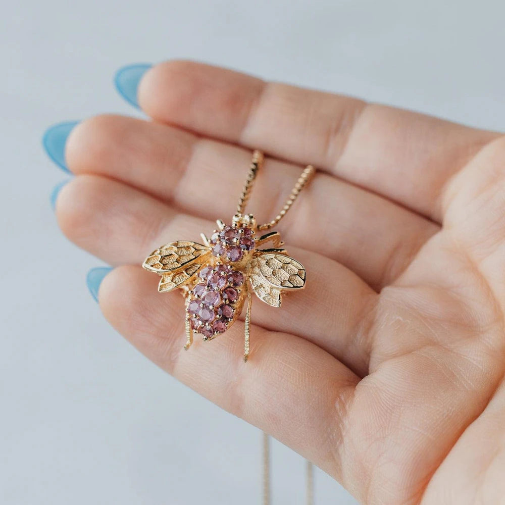 Pink Sapphire 14K Yellow Gold Bumble Bee Brooch Pendant