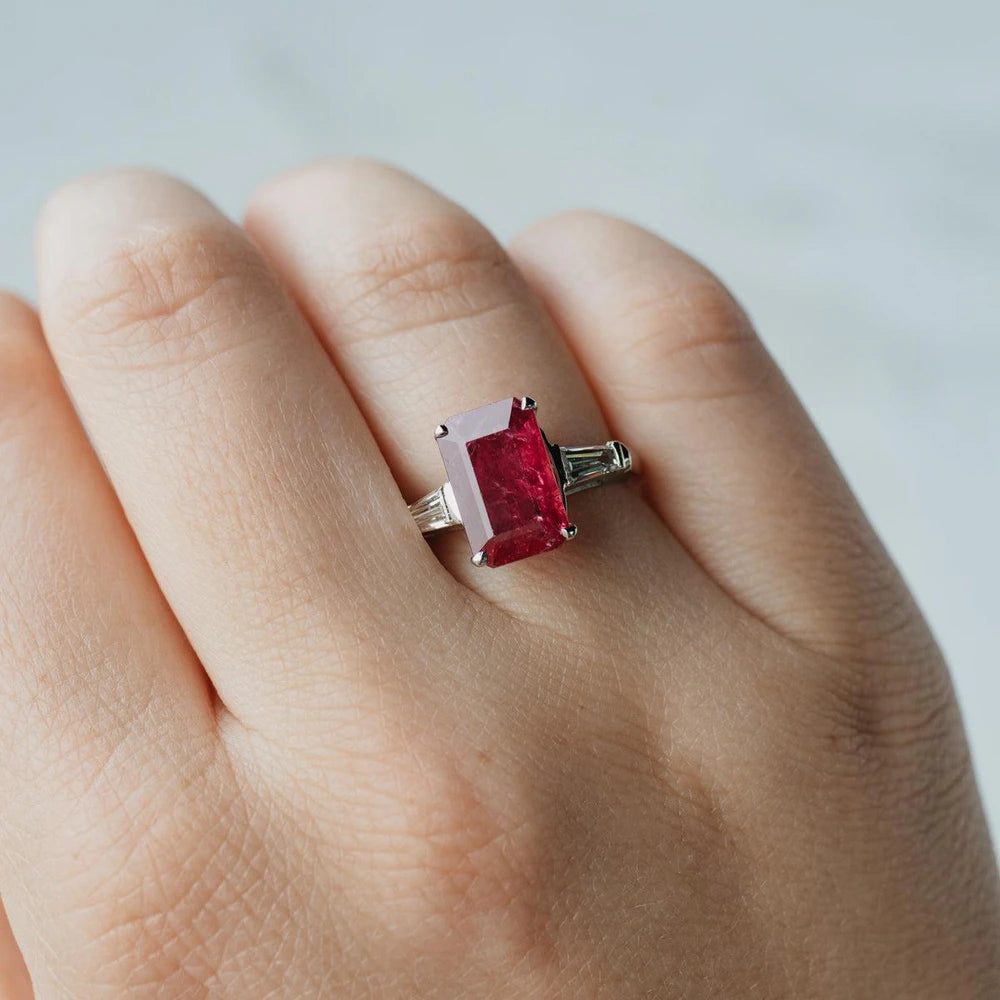 Platinum, 18K White Gold Ruby And Diamond Three-Stone Ring