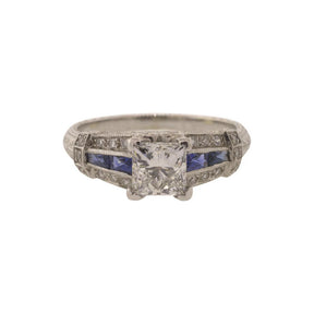 18K White Gold Princess Cut Diamond & Sapphire Ring
