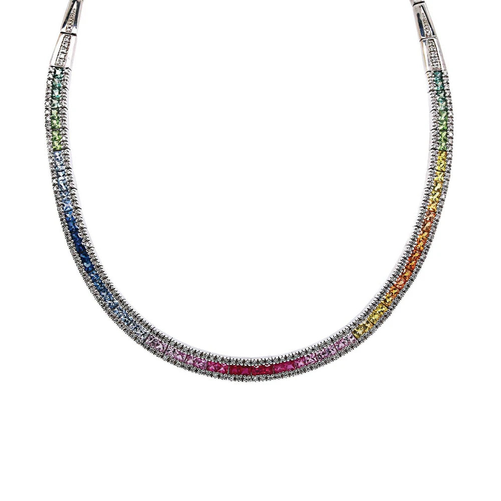 Rainbow Sapphire & Diamond Link Necklace