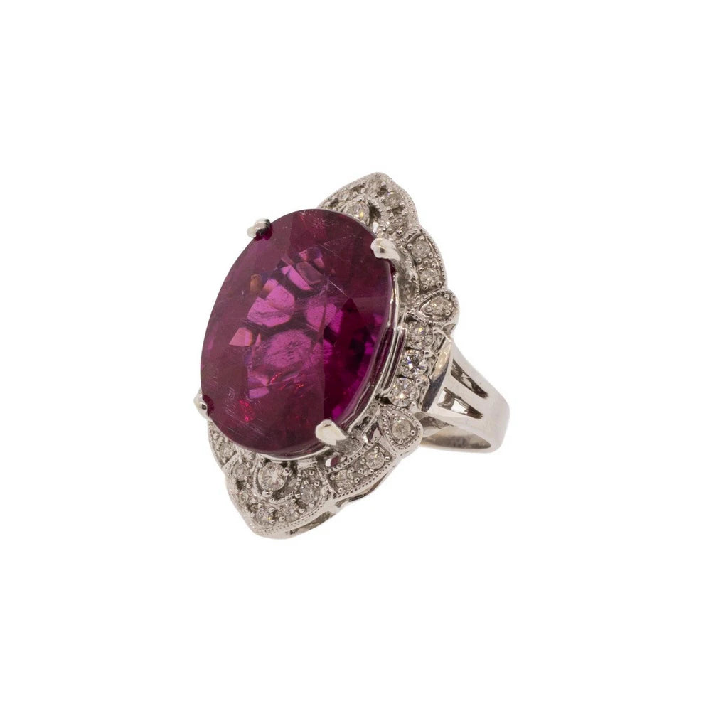 16.54ct Rubellite Tourmaline & Diamond Halo White Gold Ring