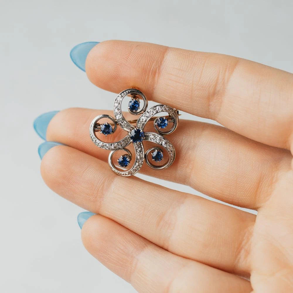 Victorian Sapphire and Diamond Floral Swirl Pin Pendant