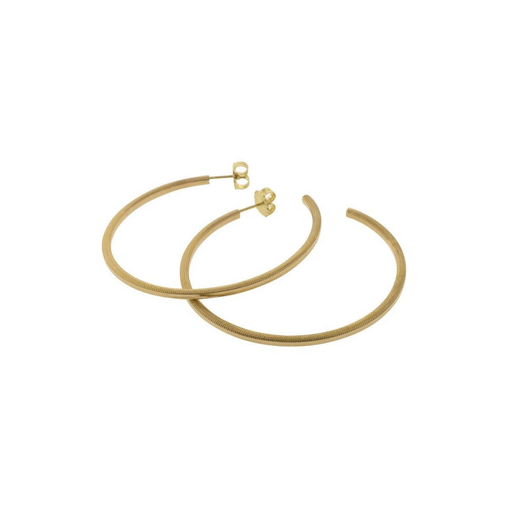 18K Yellow Gold High-Polish and Stippled Style Hollow Hoop Earrings