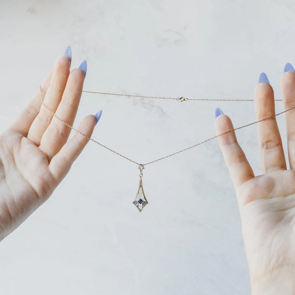 Victorian Square-Cut Blue Sapphire Pendant Necklace