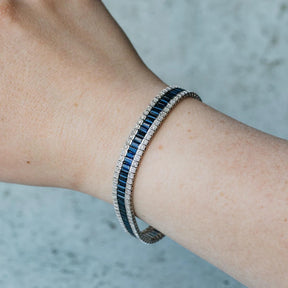 18K White Gold Baguette Blue Sapphire and Diamond Bracelet