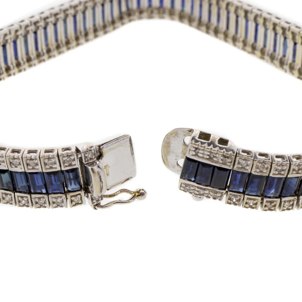 18K White Gold Baguette Blue Sapphire and Diamond Bracelet