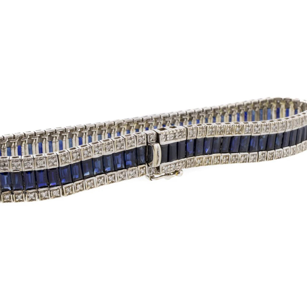 18K White Gold Baguette Blue Sapphire and Diamond Bracelet