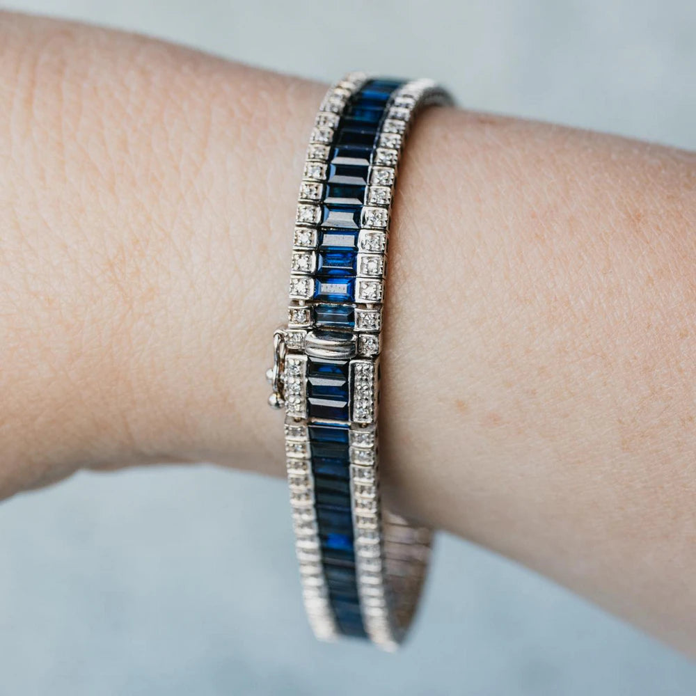 18K White Gold Baguette Blue Sapphire and Diamond Bracelet