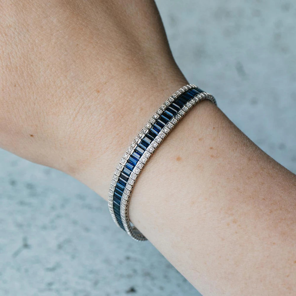 18K White Gold Baguette Blue Sapphire and Diamond Bracelet