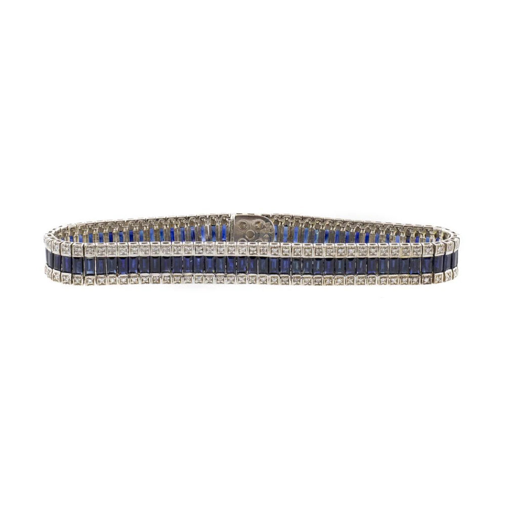 18K White Gold Baguette Blue Sapphire and Diamond Bracelet