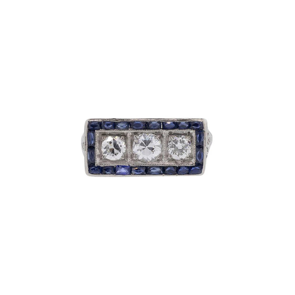 14K White Gold 1930's Diamond & Sapphire Ring