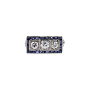 14K White Gold 1930's Diamond & Sapphire Ring