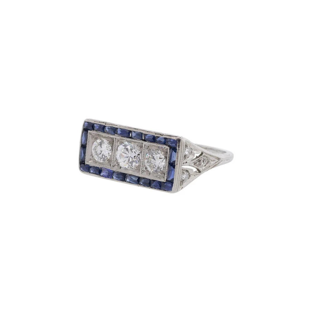 14K White Gold 1930's Diamond & Sapphire Ring