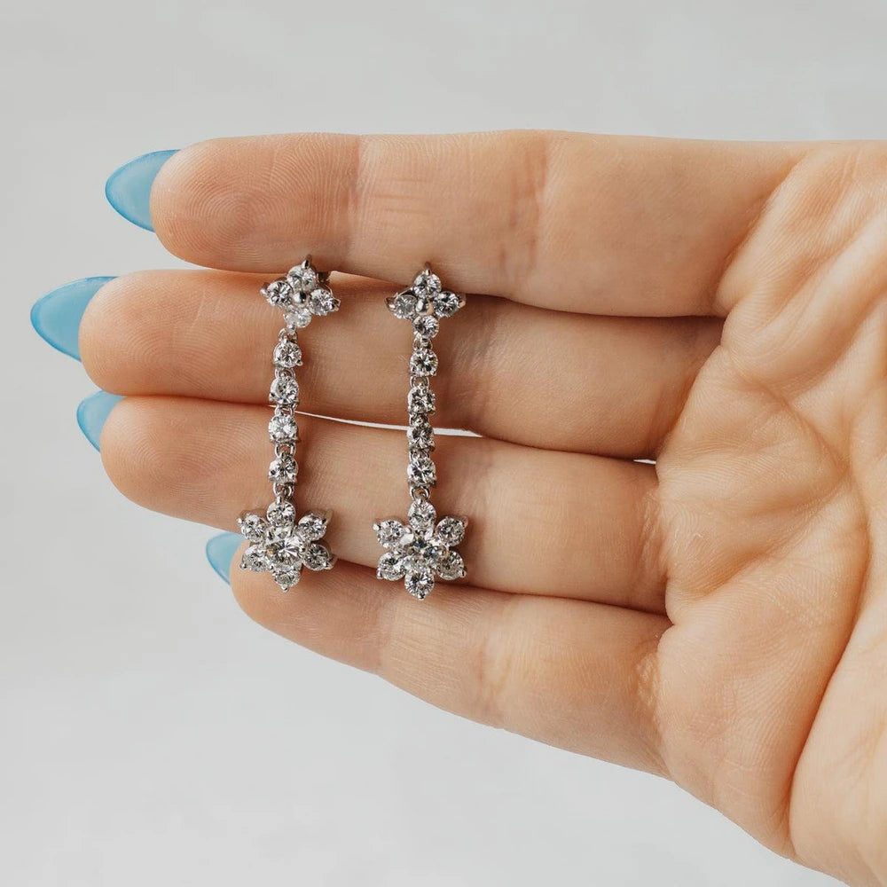 18K White Gold Floral Diamond Dangle Earrings