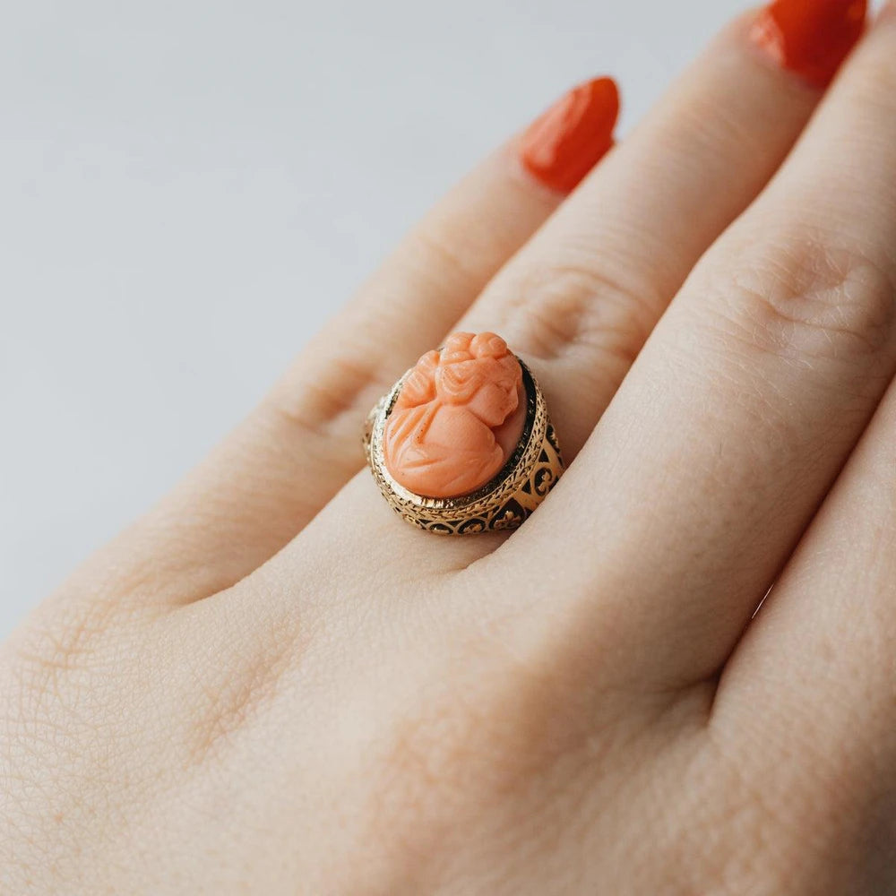 14K Yellow Gold Coral Cameo Ring