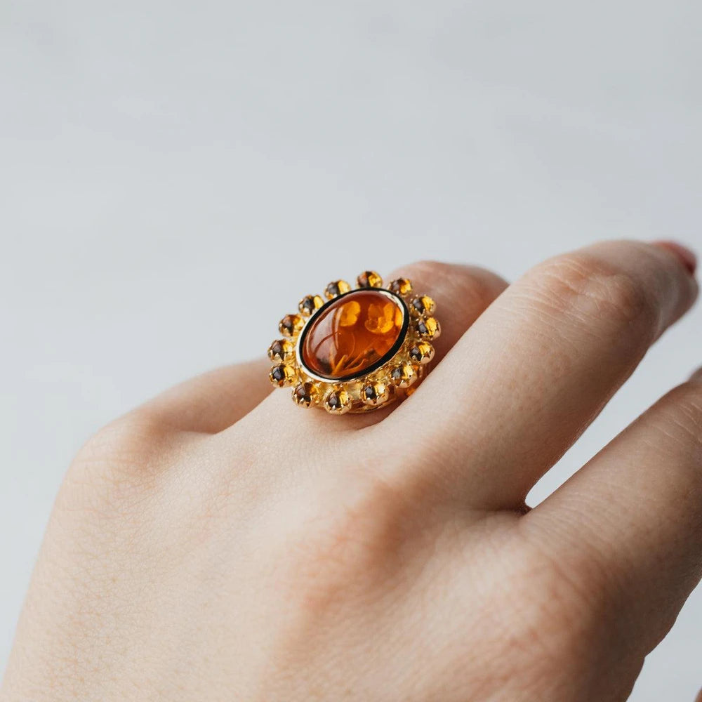 14K Yellow Gold Floral Carved Amber Ring