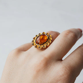 14K Yellow Gold Floral Carved Amber Ring