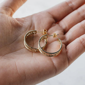 14K Yellow Gold Greek Key Hoop Earrings
