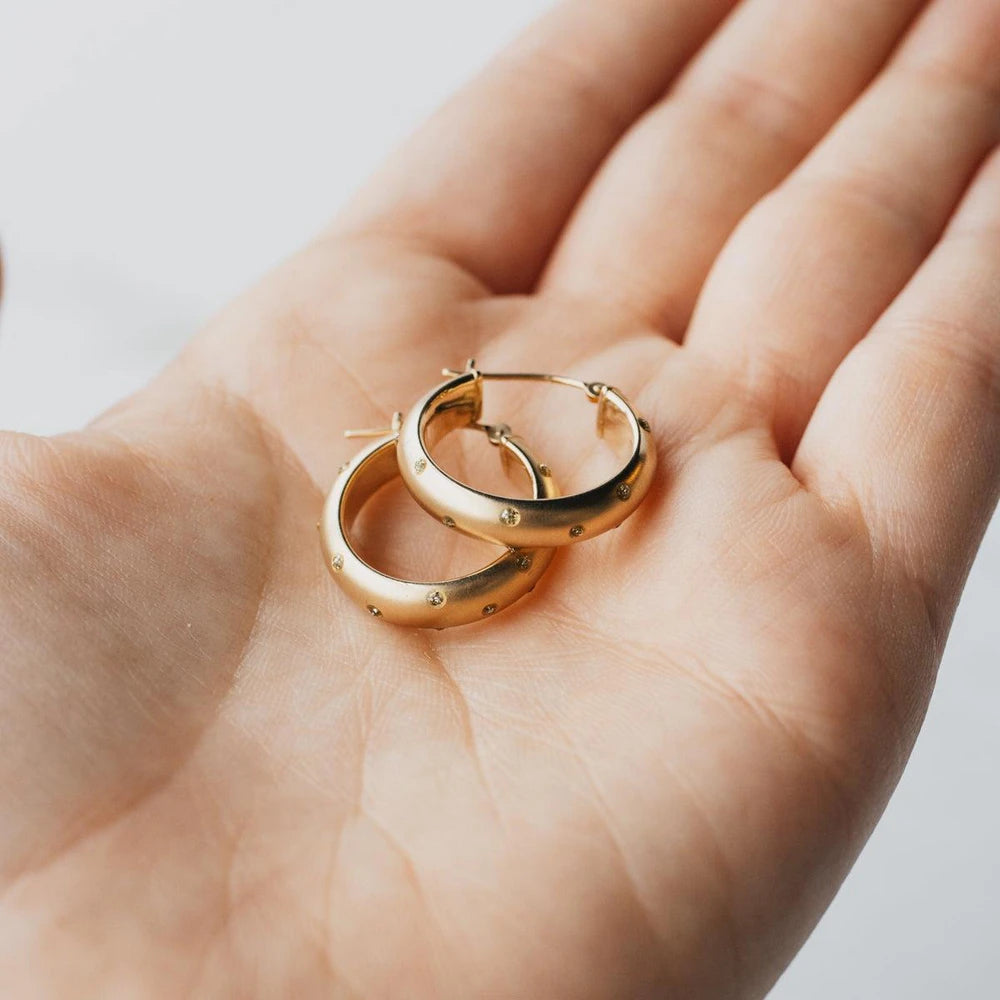 14K Yellow Gold Stippled Hollow Hoop Earrings
