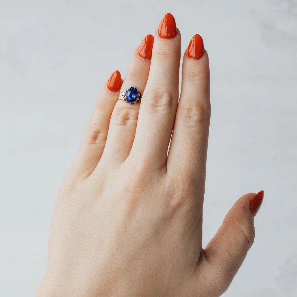 9K Yellow Gold Lab Blue Sapphire Victorian Ring