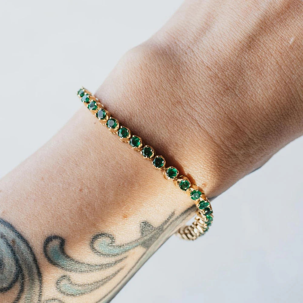 14K Yellow Gold Natural Emerald Tennis Bracelet