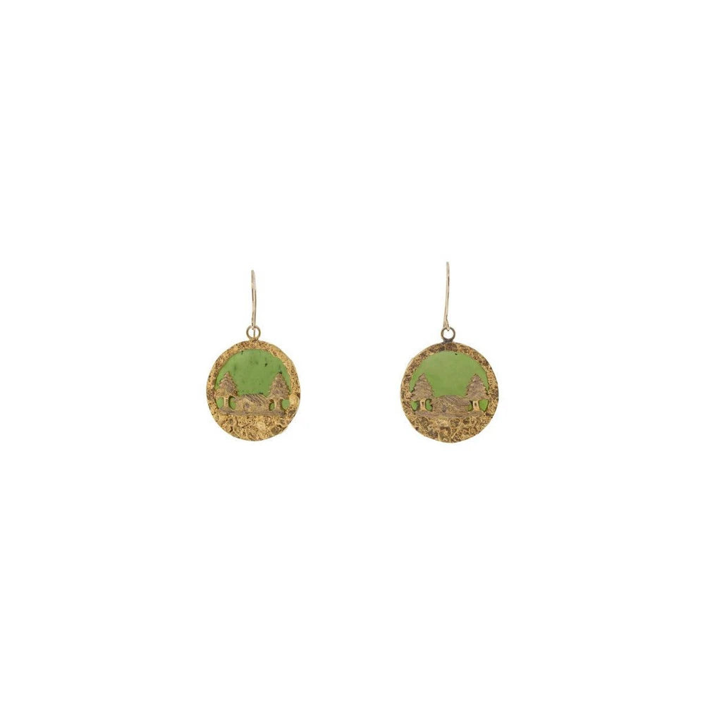 14K & 22K Yellow Gold Nephrite Jade Cabin Scene Earrings