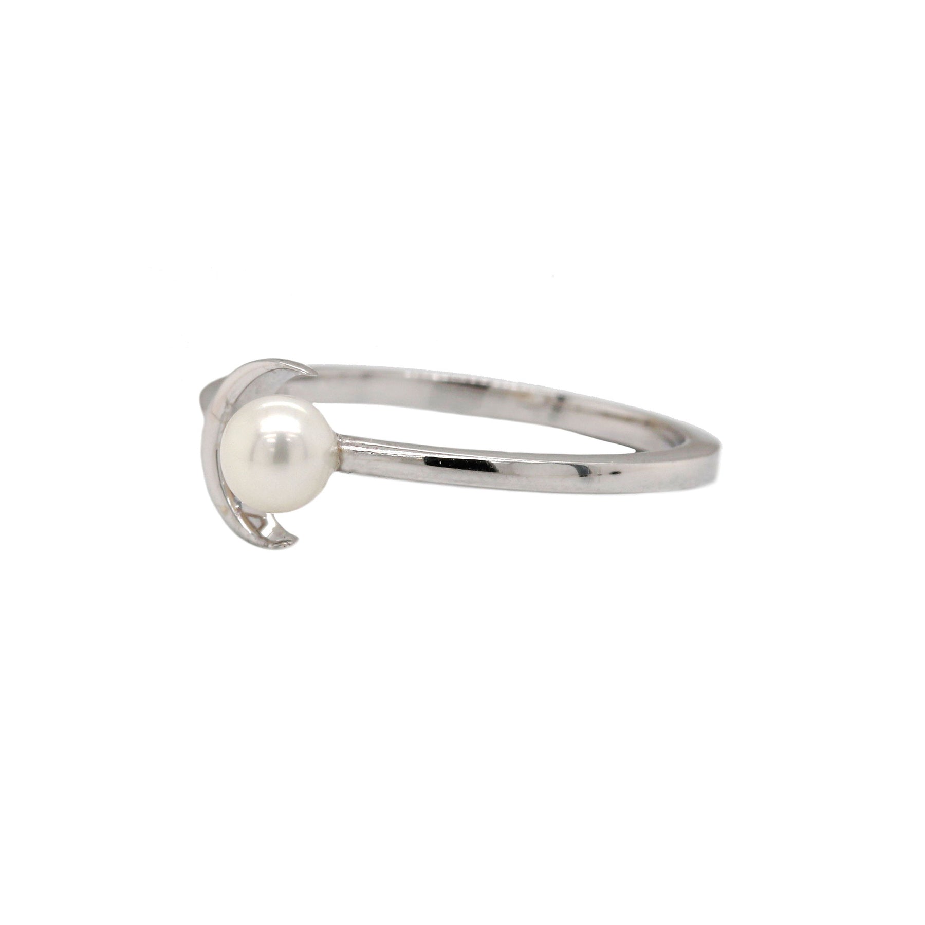 Cultured Freshwater Pearl & White Gold Crescent Moon Ring