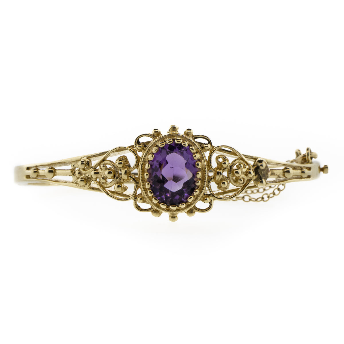 Yellow Gold Filigree and Oval Amethyst Hinge Cuff Bracelet