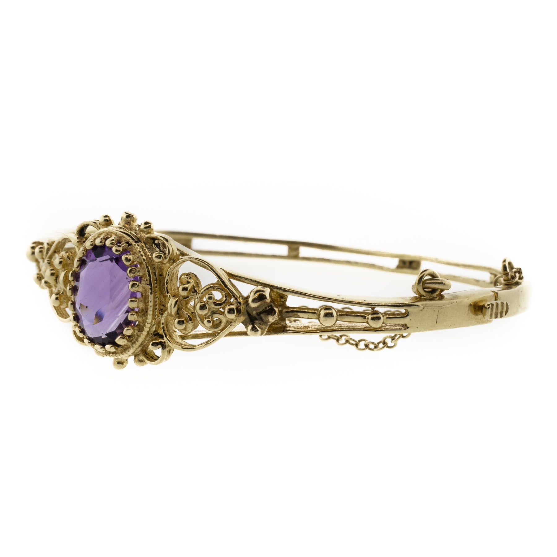 Yellow Gold Filigree and Oval Amethyst Hinge Cuff Bracelet