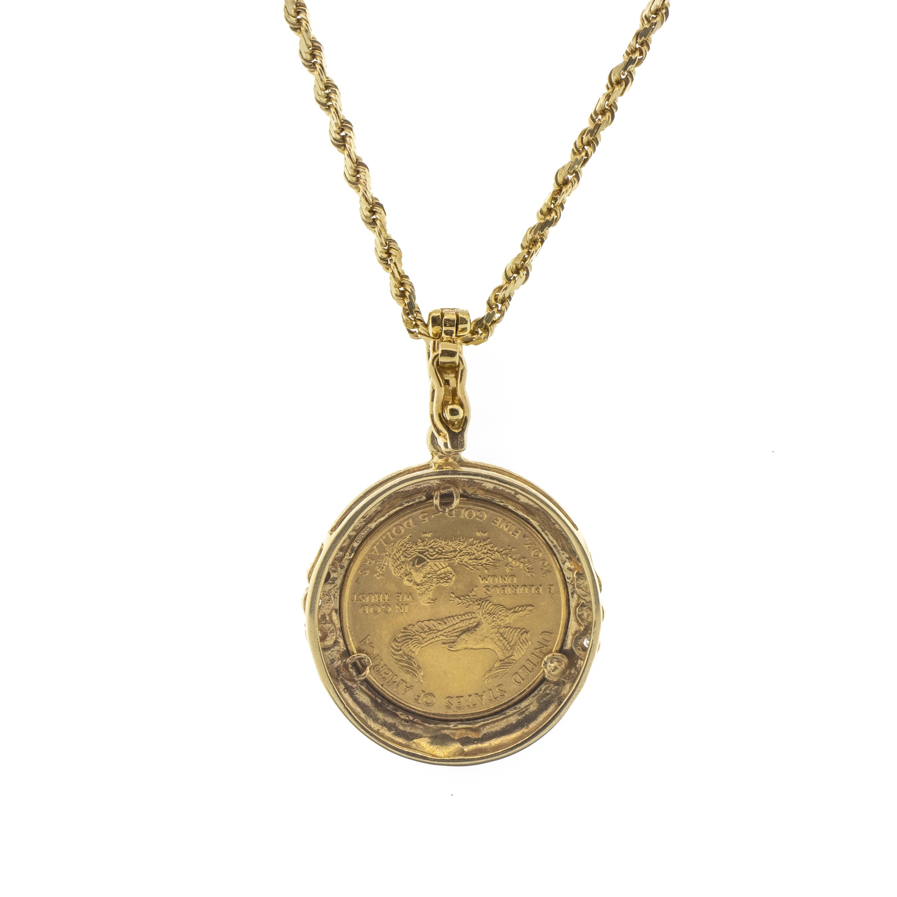 14K Solid Yellow Gold Coin & Diamond $5 Liberty Enhancer Pendant