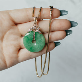 Jade and Diamond Ring Pendant With Square Snake Chain