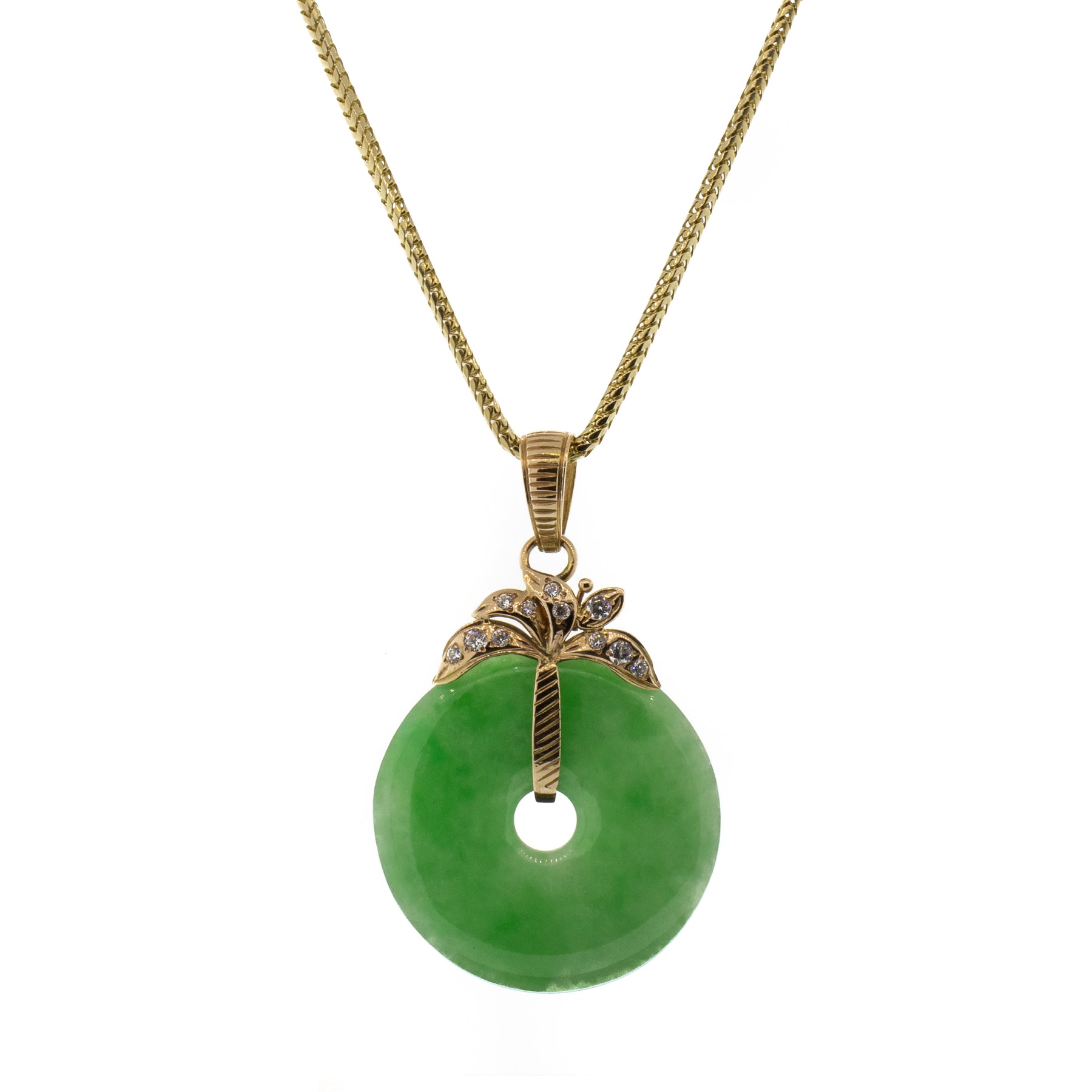 Jade and Diamond Ring Pendant With Square Snake Chain