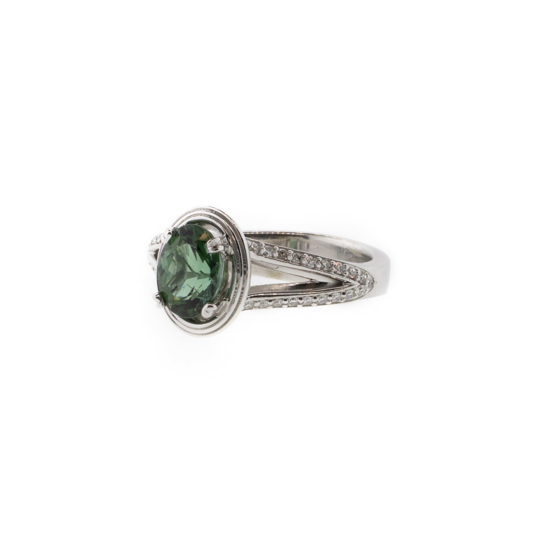 Green Tourmaline & Diamond Split Shank Ring