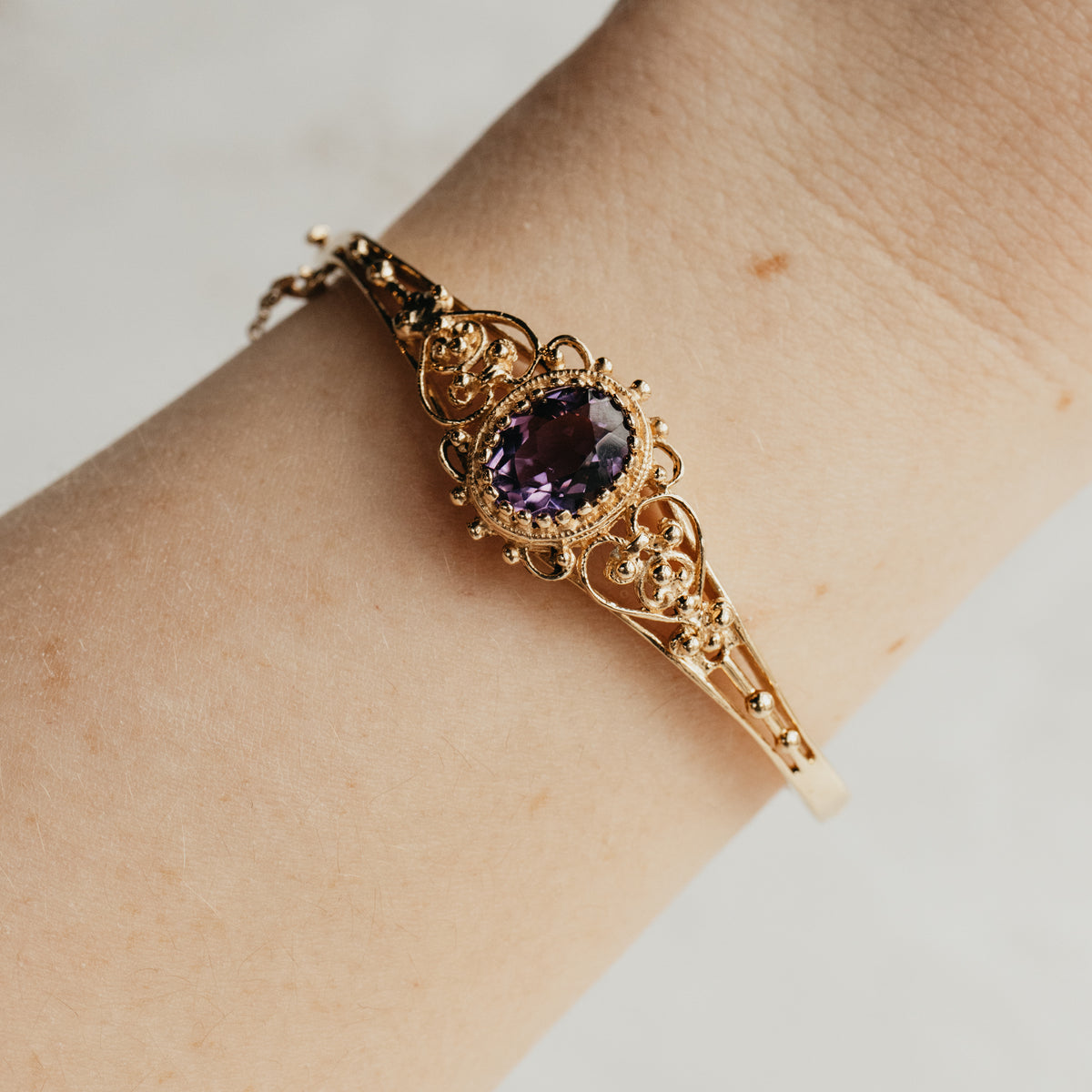 Yellow Gold Filigree and Oval Amethyst Hinge Cuff Bracelet