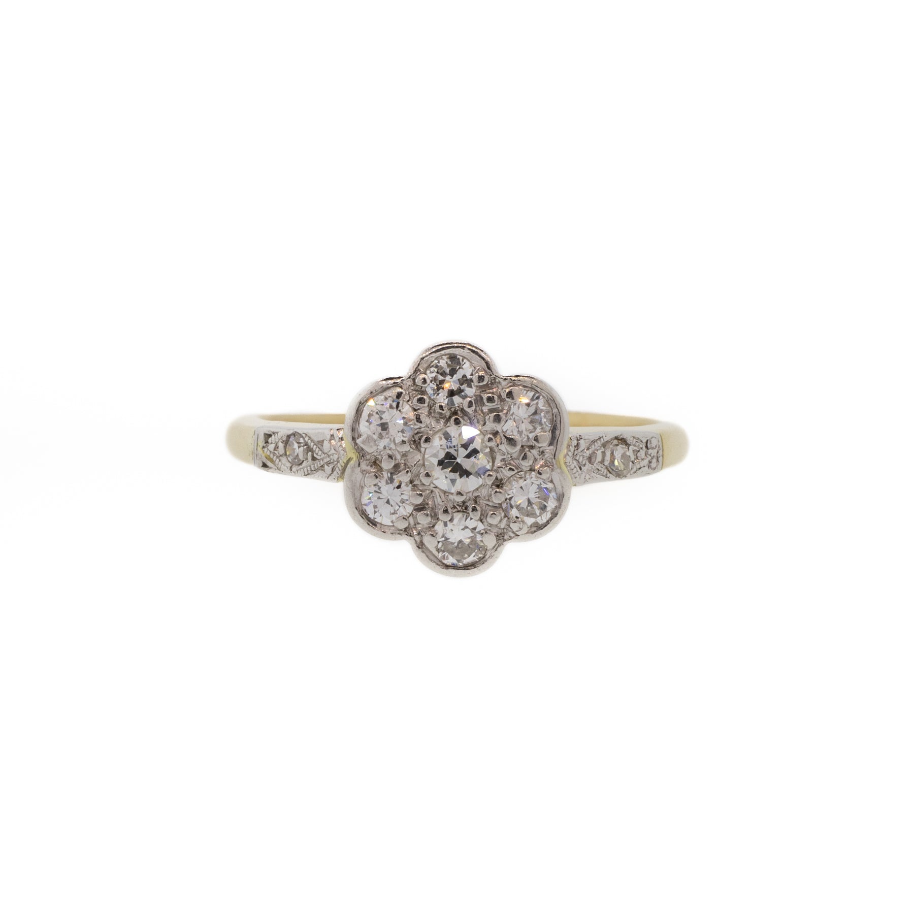 Yellow Gold and Platinum Victorian Diamond Cluster Flower Ring
