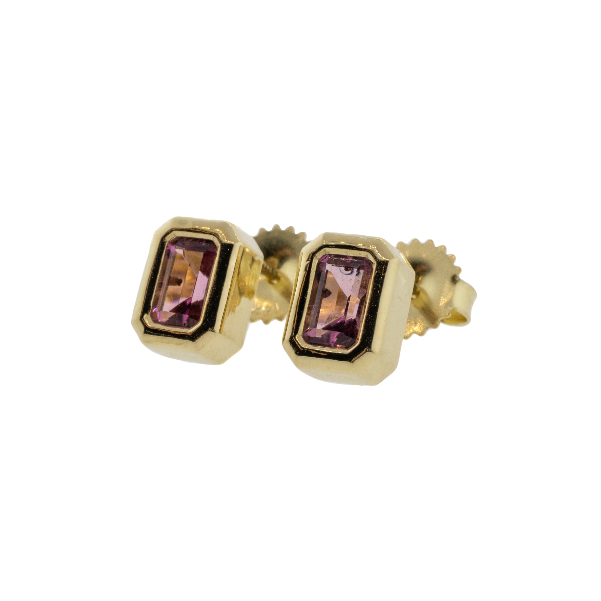 Emerald Cut Pink Tourmaline Bezel-Set Stud Earrings