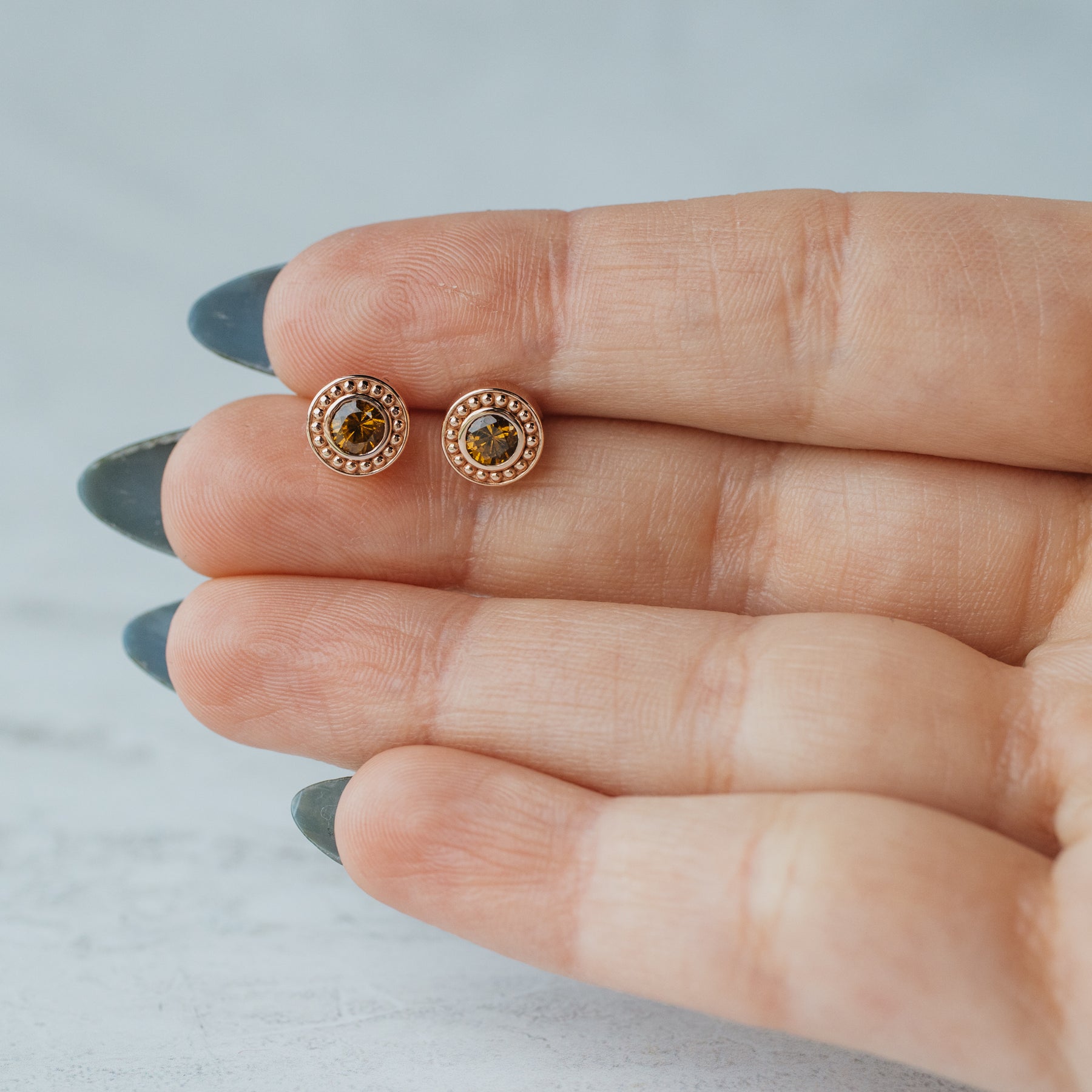 Round Andradite Garnet and Rose Gold Stud Earrings