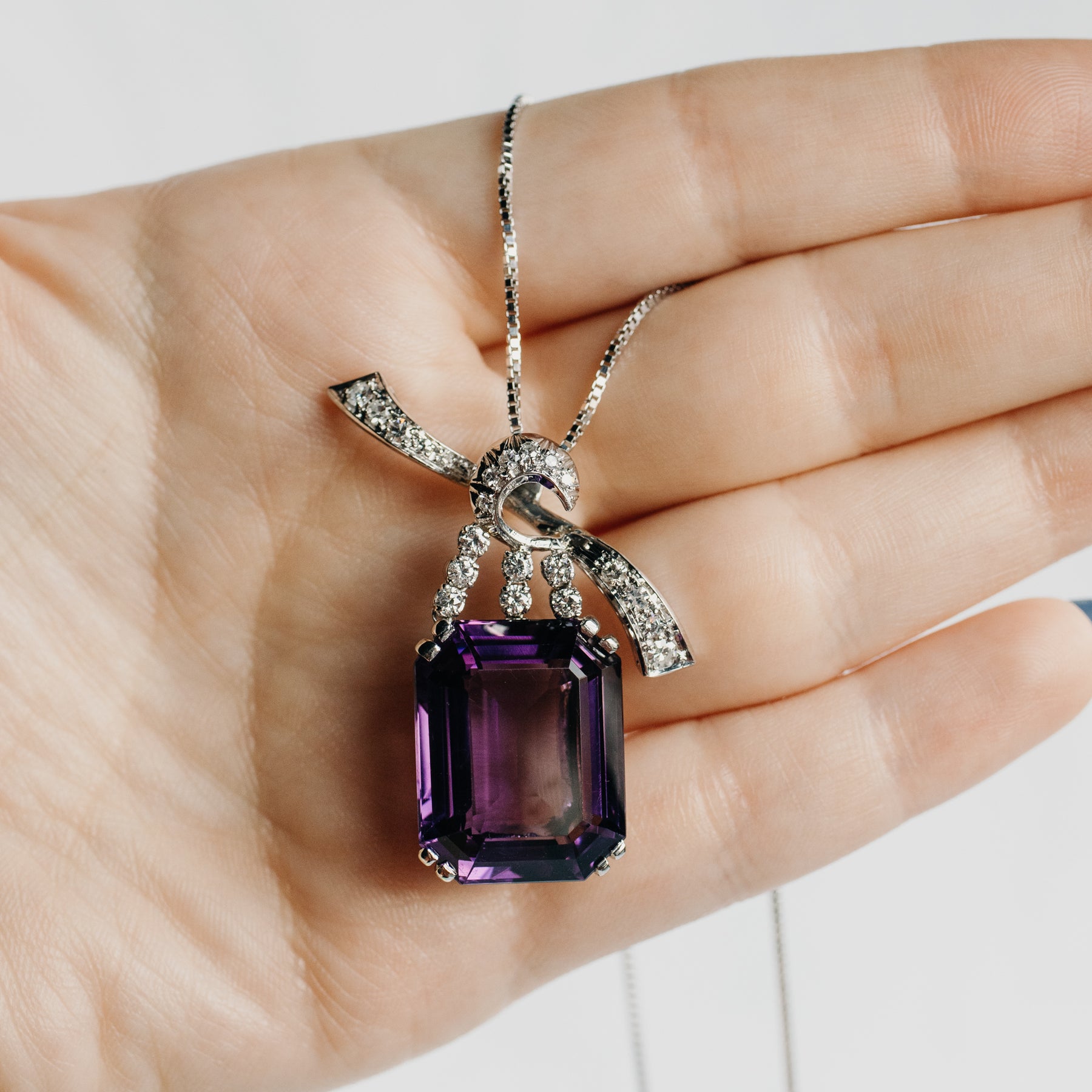 27.95ct Amethyst and Natural Diamond Pendant with Box Chain
