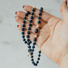 Lapis, Freshwater Pearl and Gold Bead Necklace