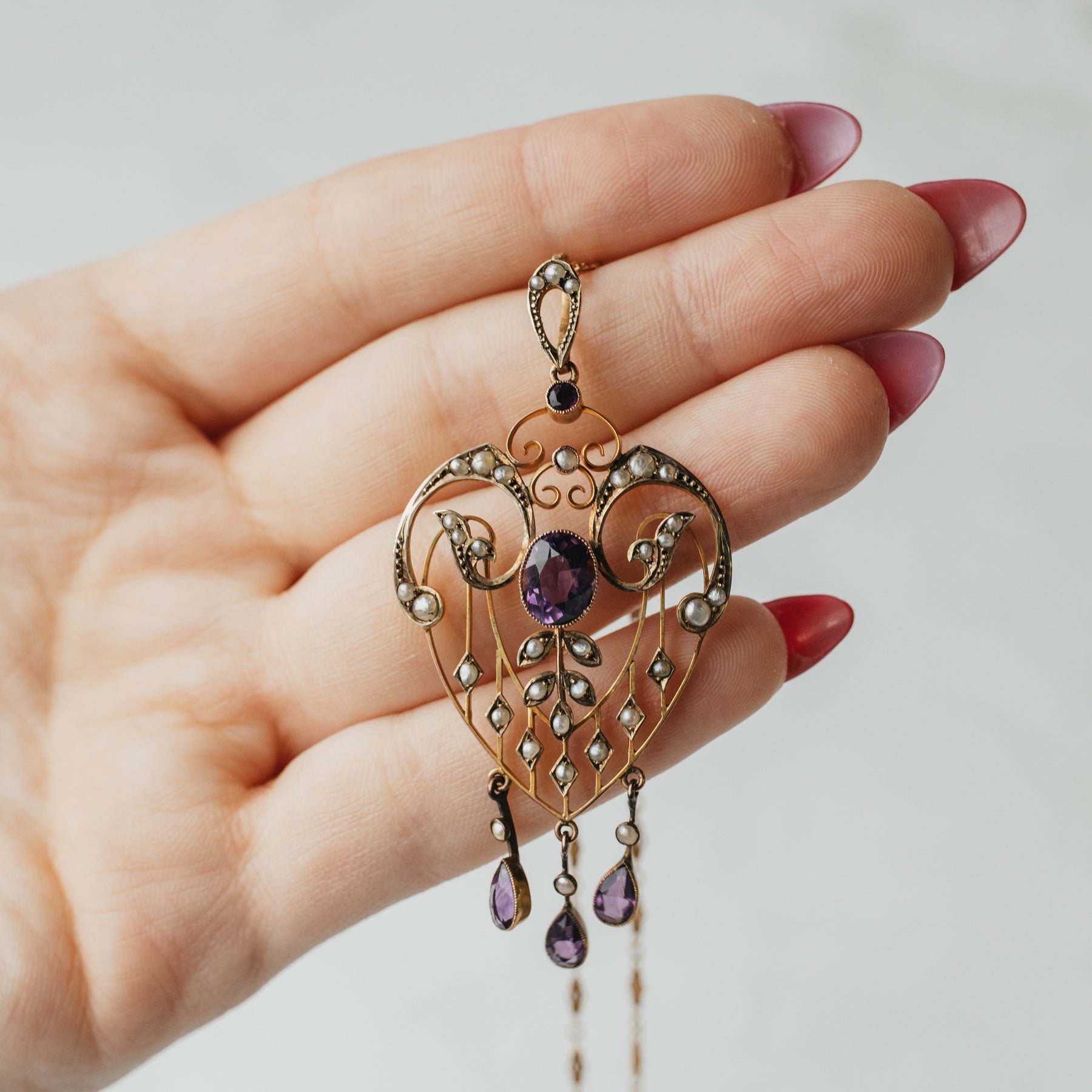 Edwardian Art Nouveau Pearl and Amethyst Heart Pendant and Chain