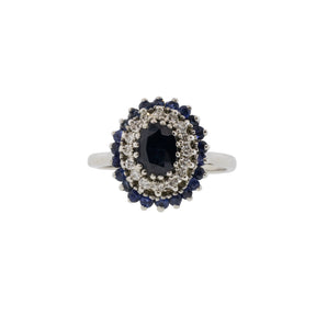 White Gold Blue Sapphire and Diamond Double Halo Ring